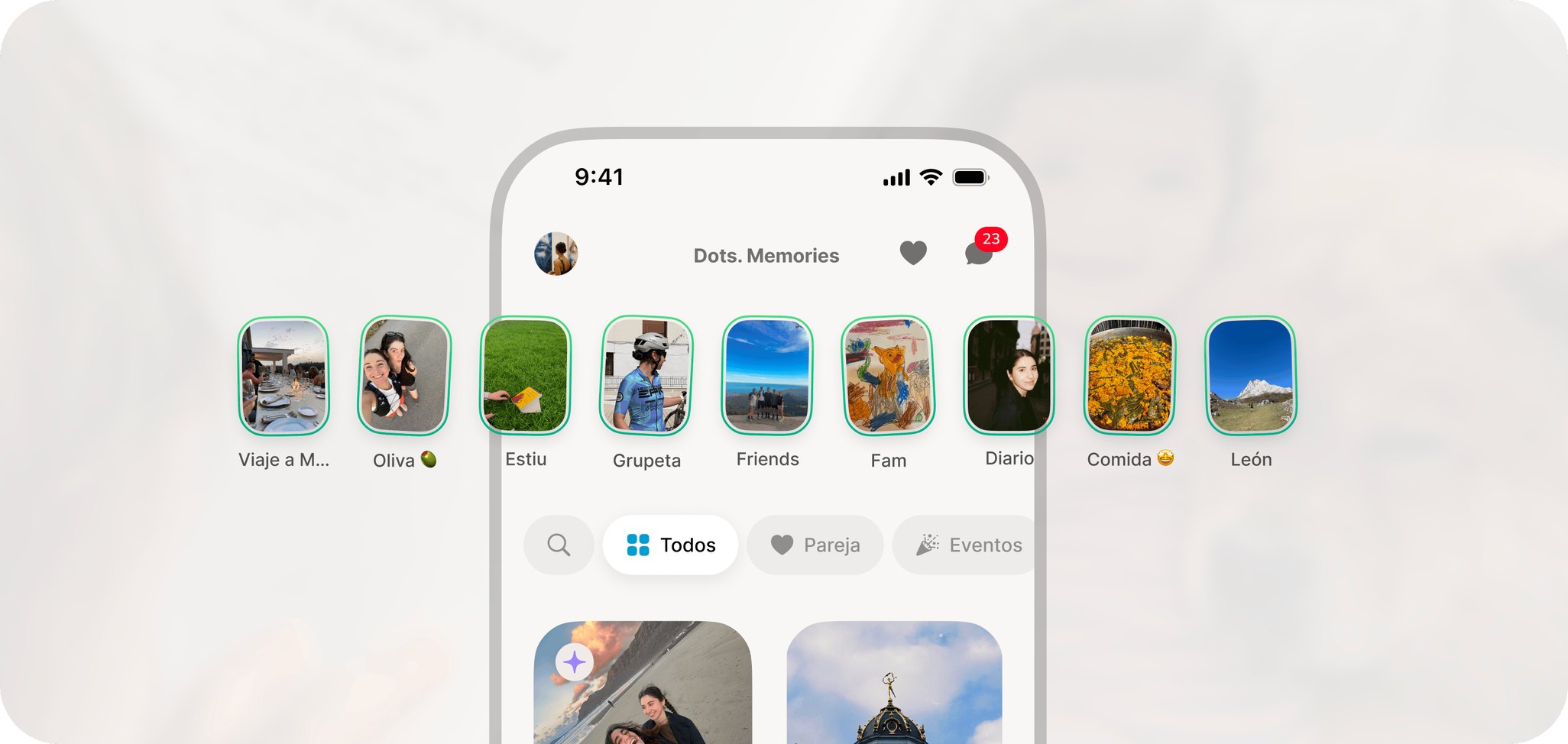 La home de Dots. Memories en un iPhone, construida con el sistema de diseño Chronicle