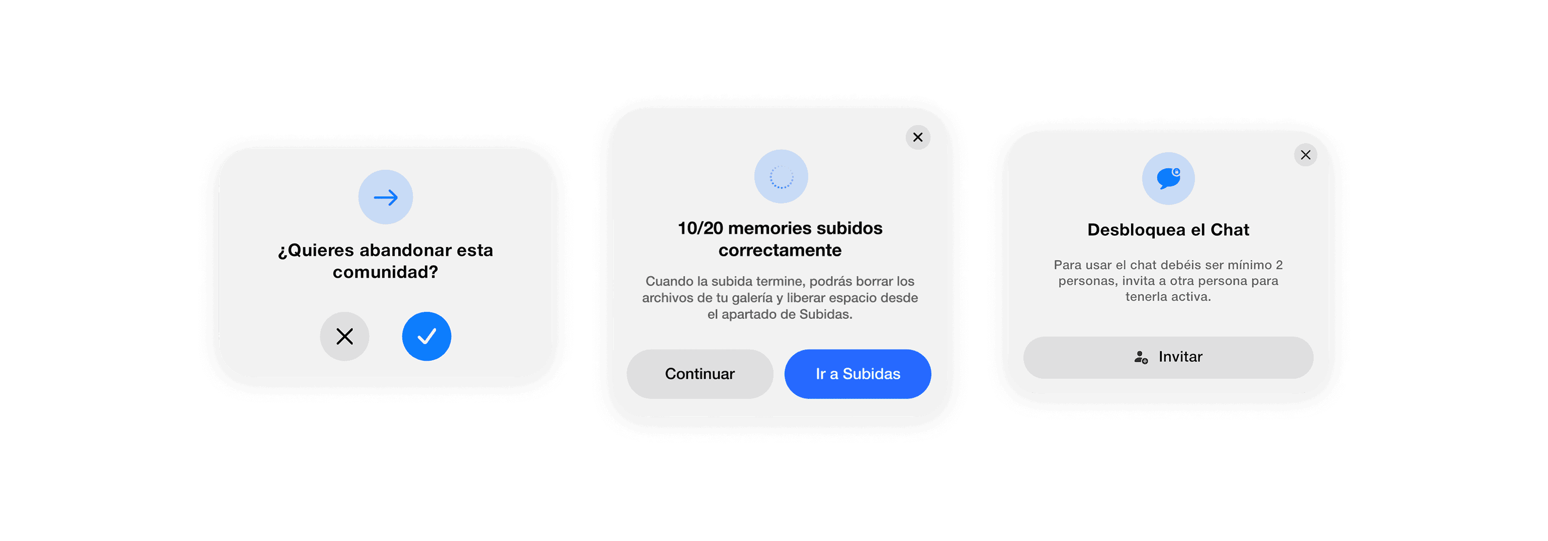 Tres modales con estructuras y botones diferentes