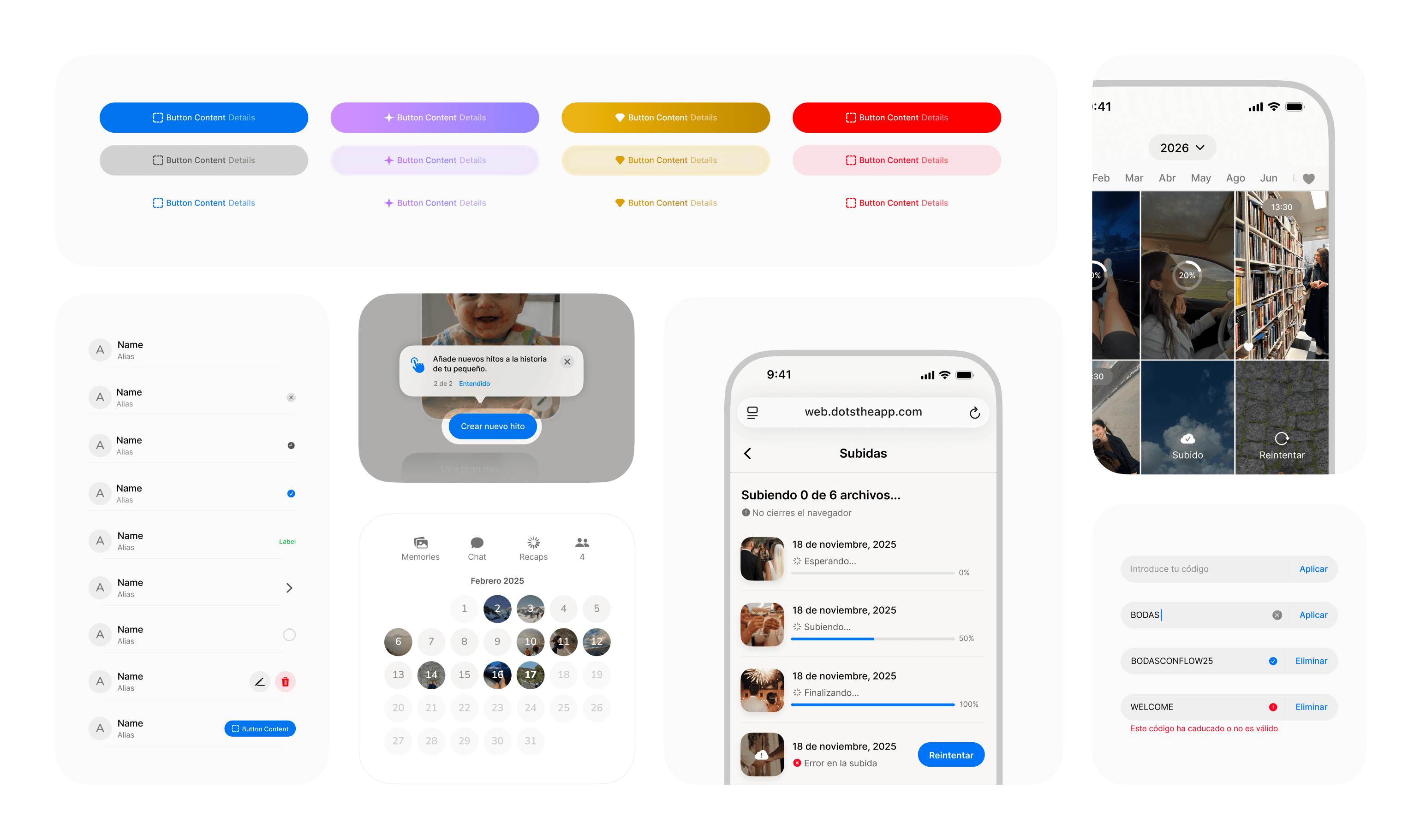 Composición de componentes del sistema: botones, listas, calendario, subidas y códigos
