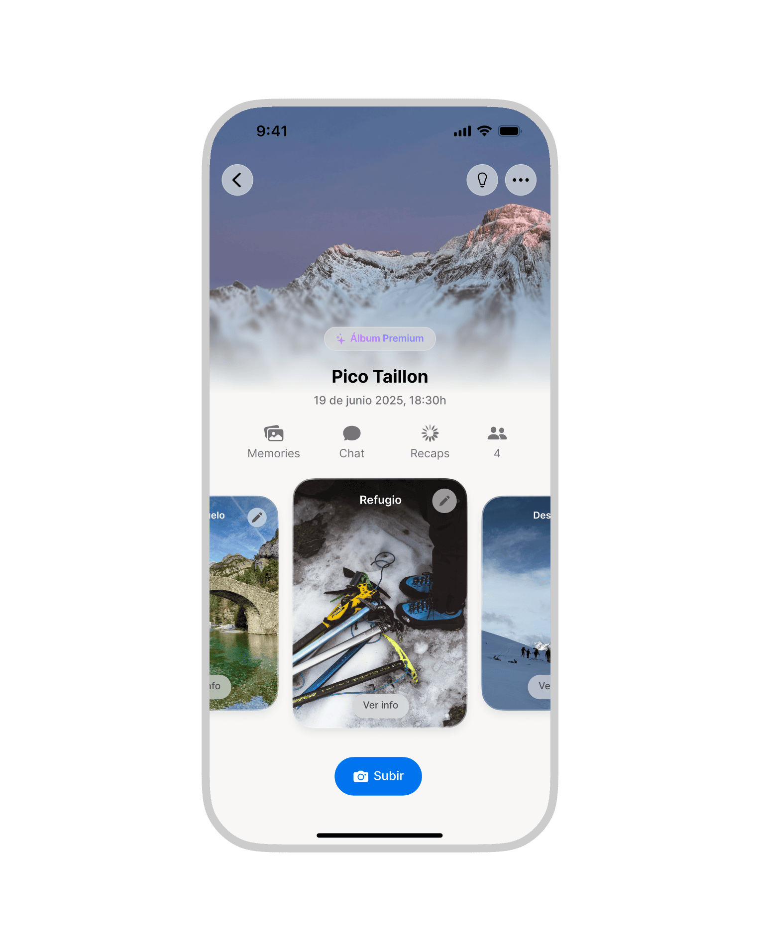 Pantalla de un álbum de viaje con sus etapas