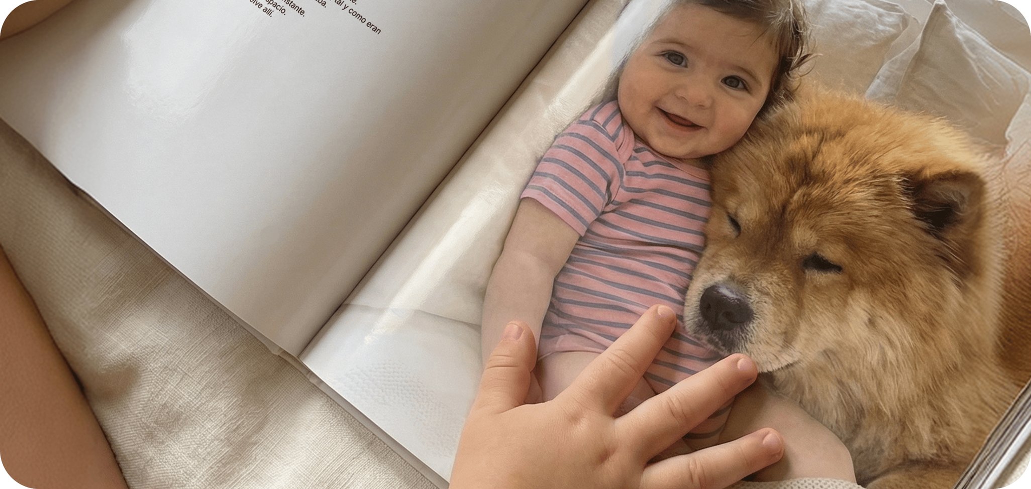 Un bebé pasa la mano por una página del Dotbook impreso, con una foto suya con un perro
