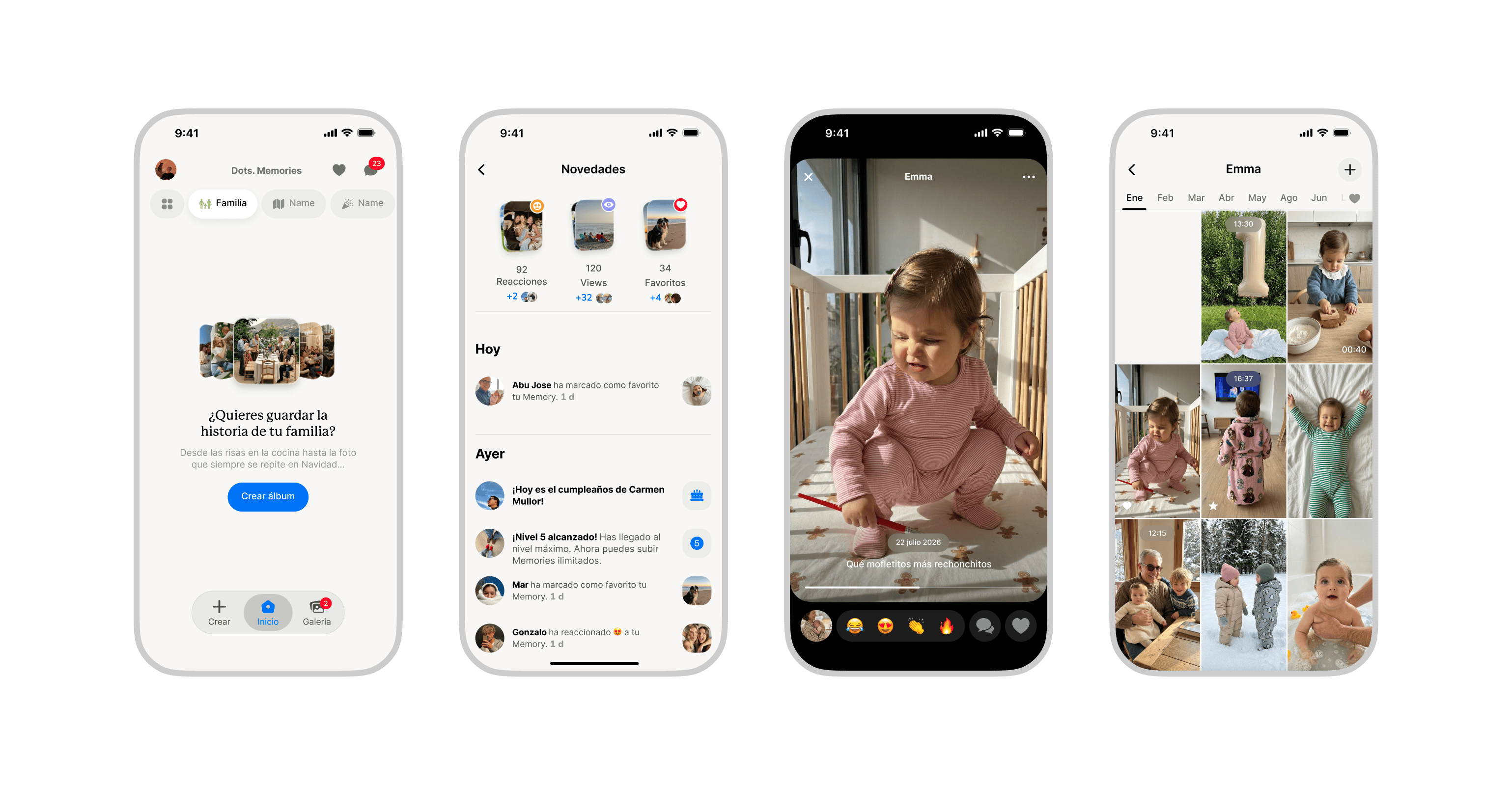 Cuatro pantallas de la app antes del Dotbook: home, álbum, evento y calendario