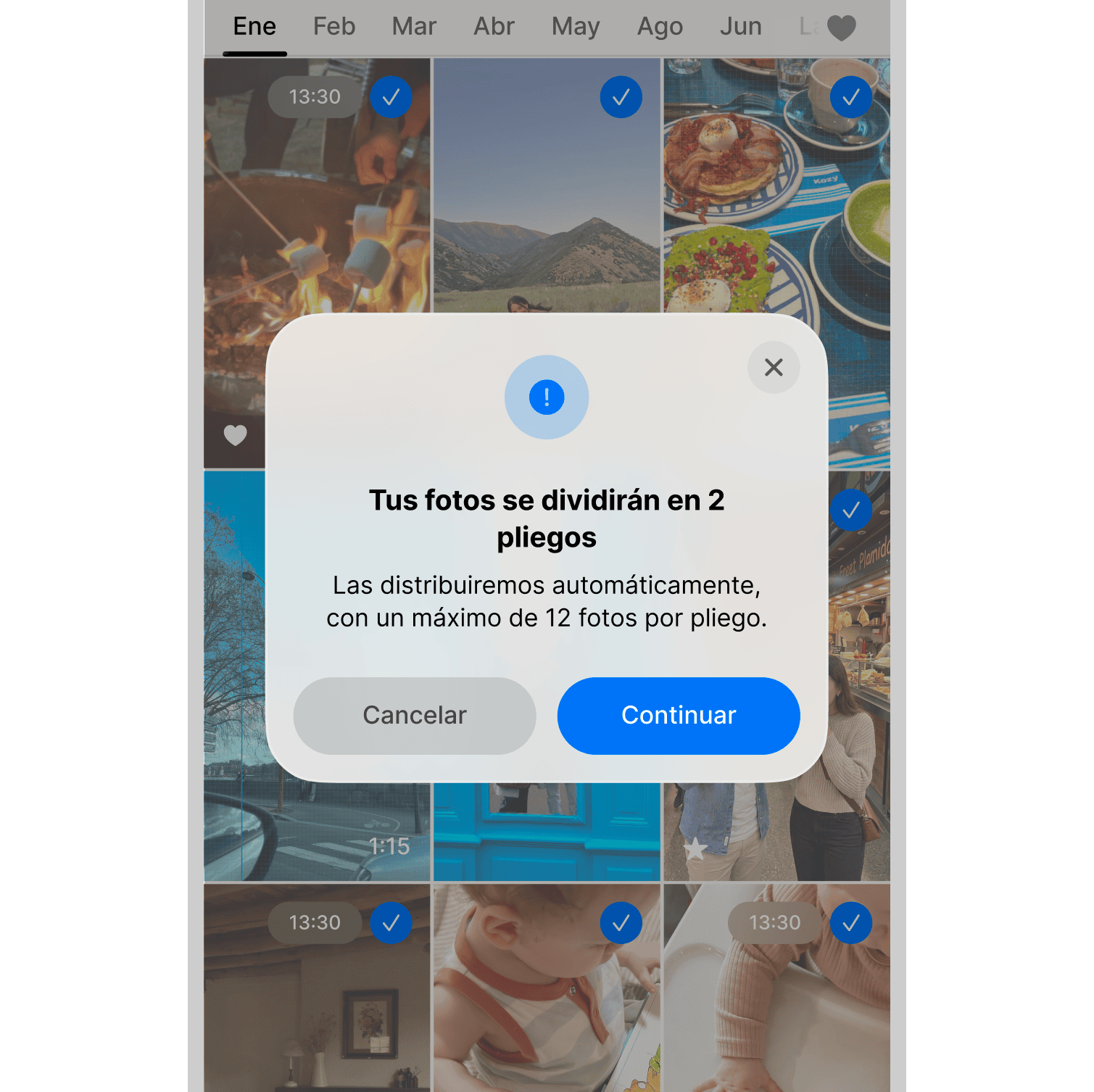 Aviso de que las fotos se dividirán en dos pliegos y pantalla de añadir páginas