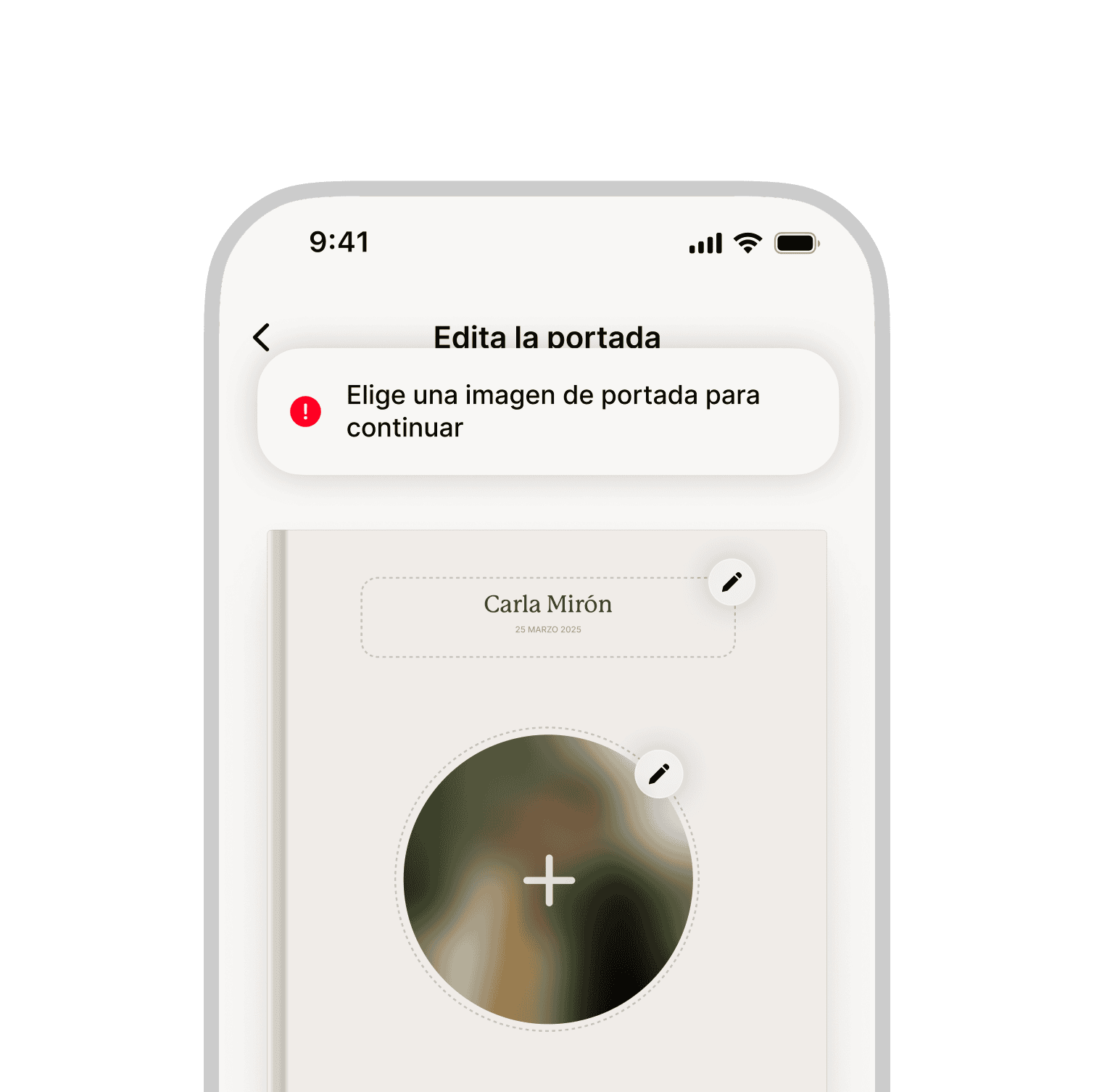 Pantallas de título, subtítulo y edición de la portada