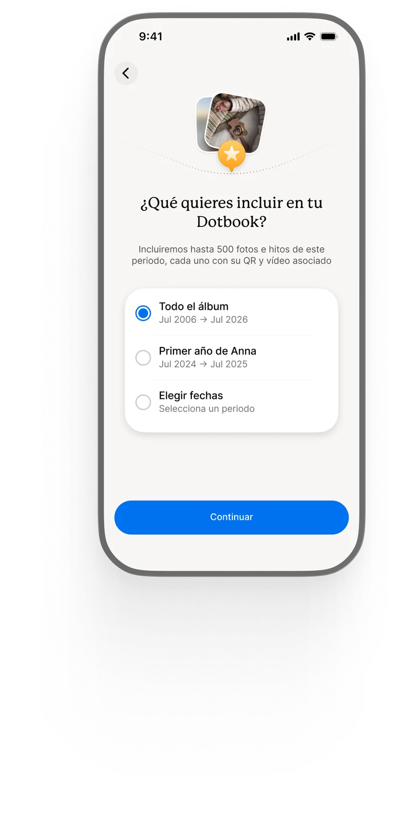 Elegir qué incluir en el Dotbook: todo el álbum, el primer año o un rango de fechas