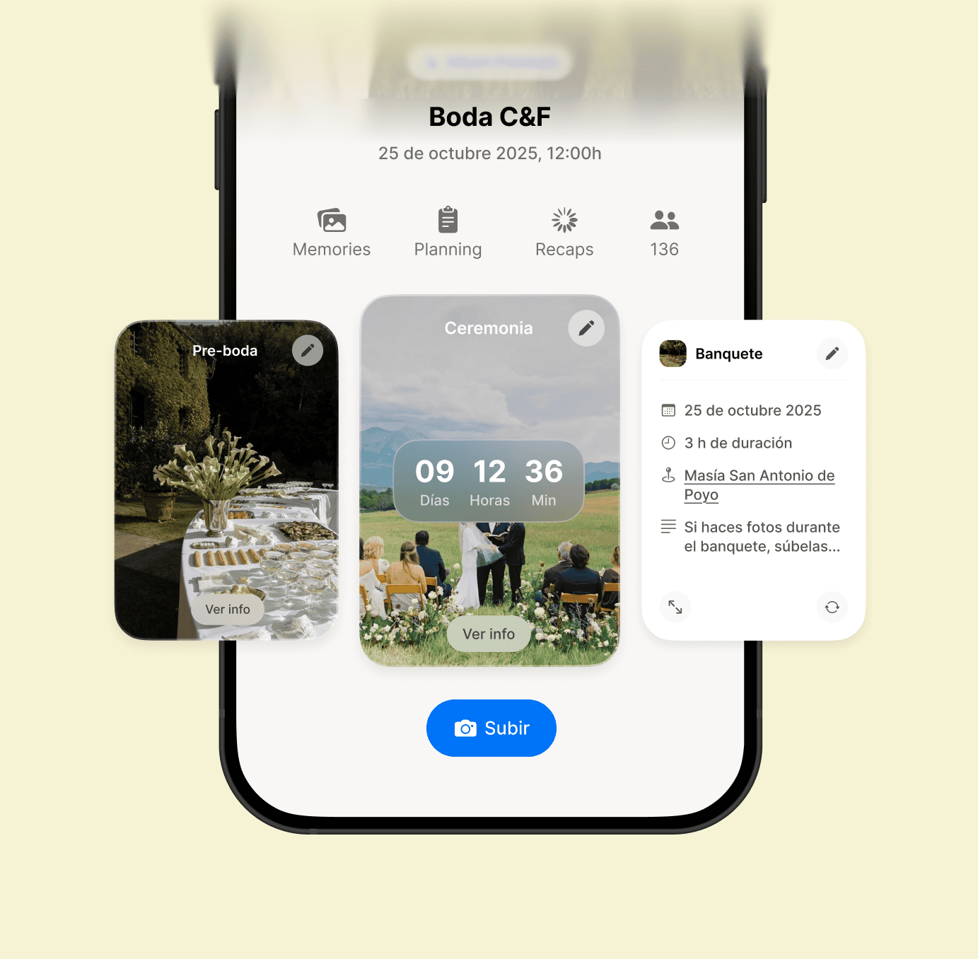 Perfil de un grupo de boda con sus eventos: pre-boda, ceremonia y banquete
