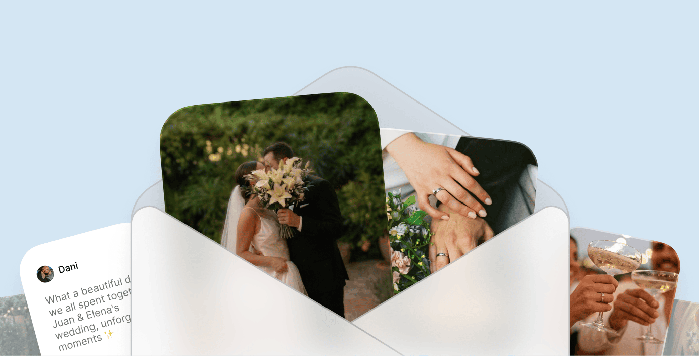 Fotos de una boda saliendo de un sobre, con un mensaje de un invitado