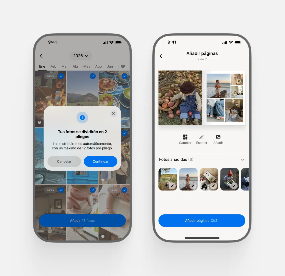 Aviso de que las fotos se dividirán en dos pliegos y pantalla de añadir páginas