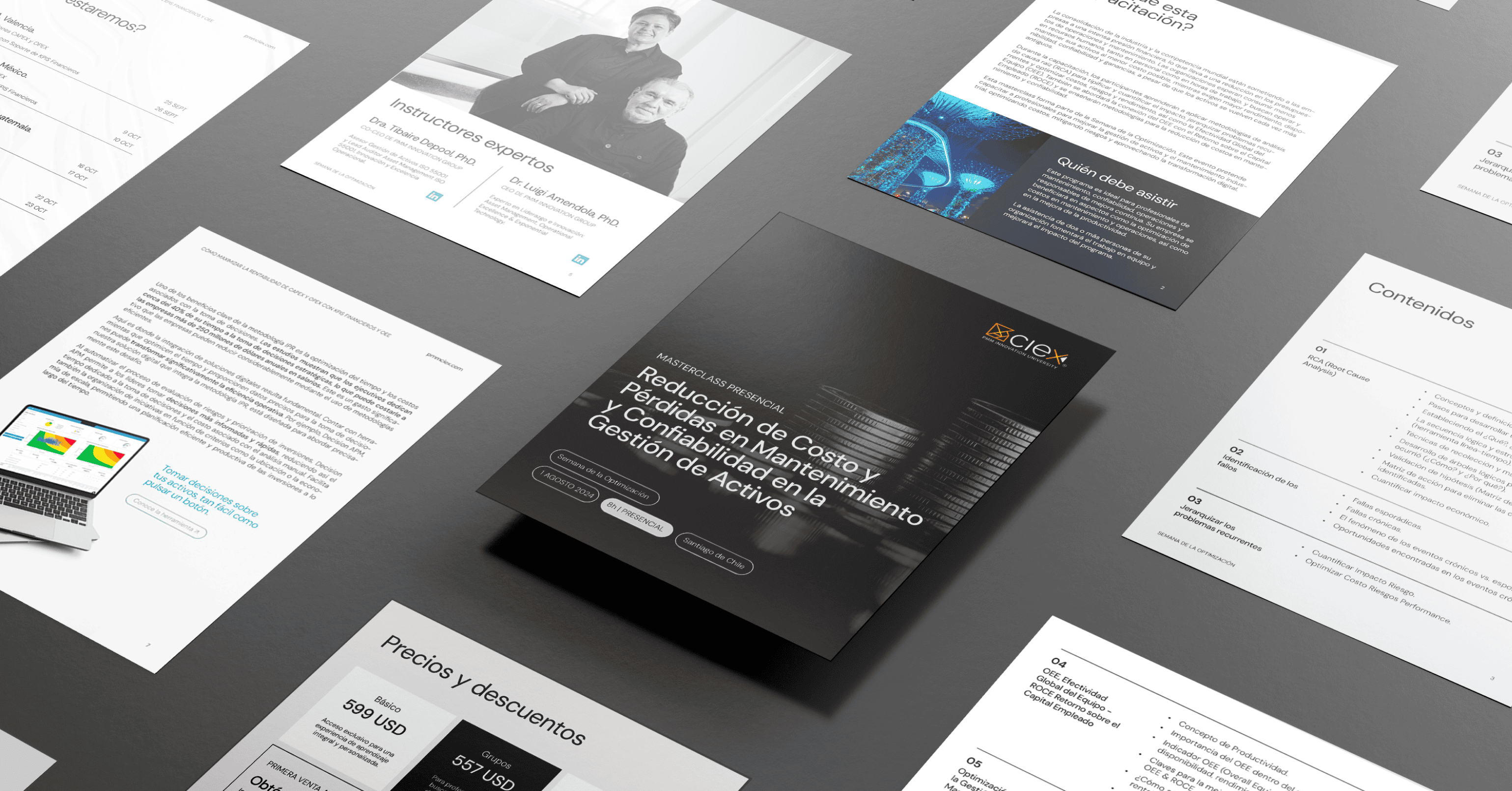 Mockup de los folletos del Business International Tour sobre fondo gris, con la portada «Reducción de costes y pérdidas en mantenimiento»