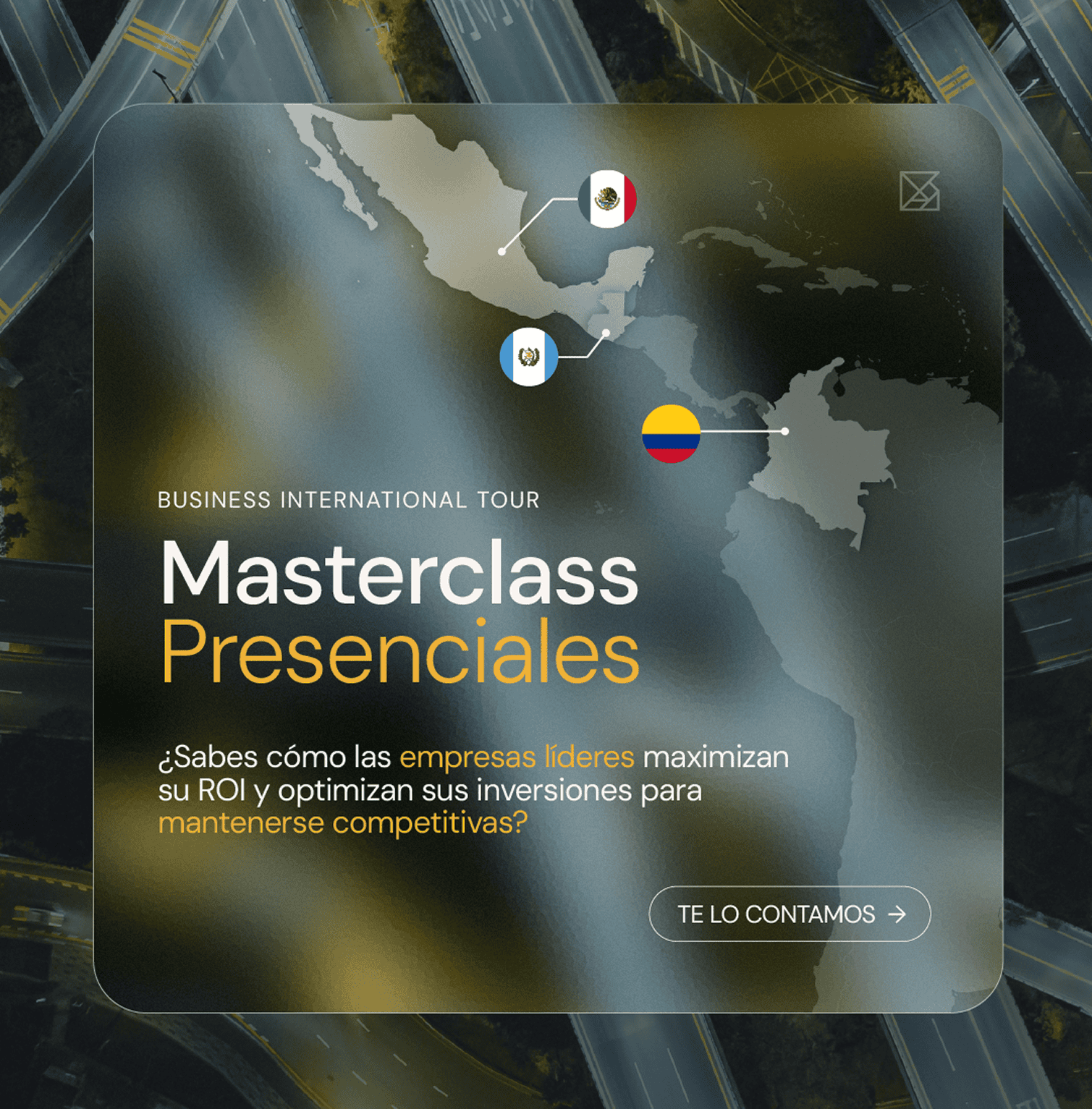 Publicación de Instagram: Masterclass presenciales del Business International Tour, con el mapa de México y Colombia