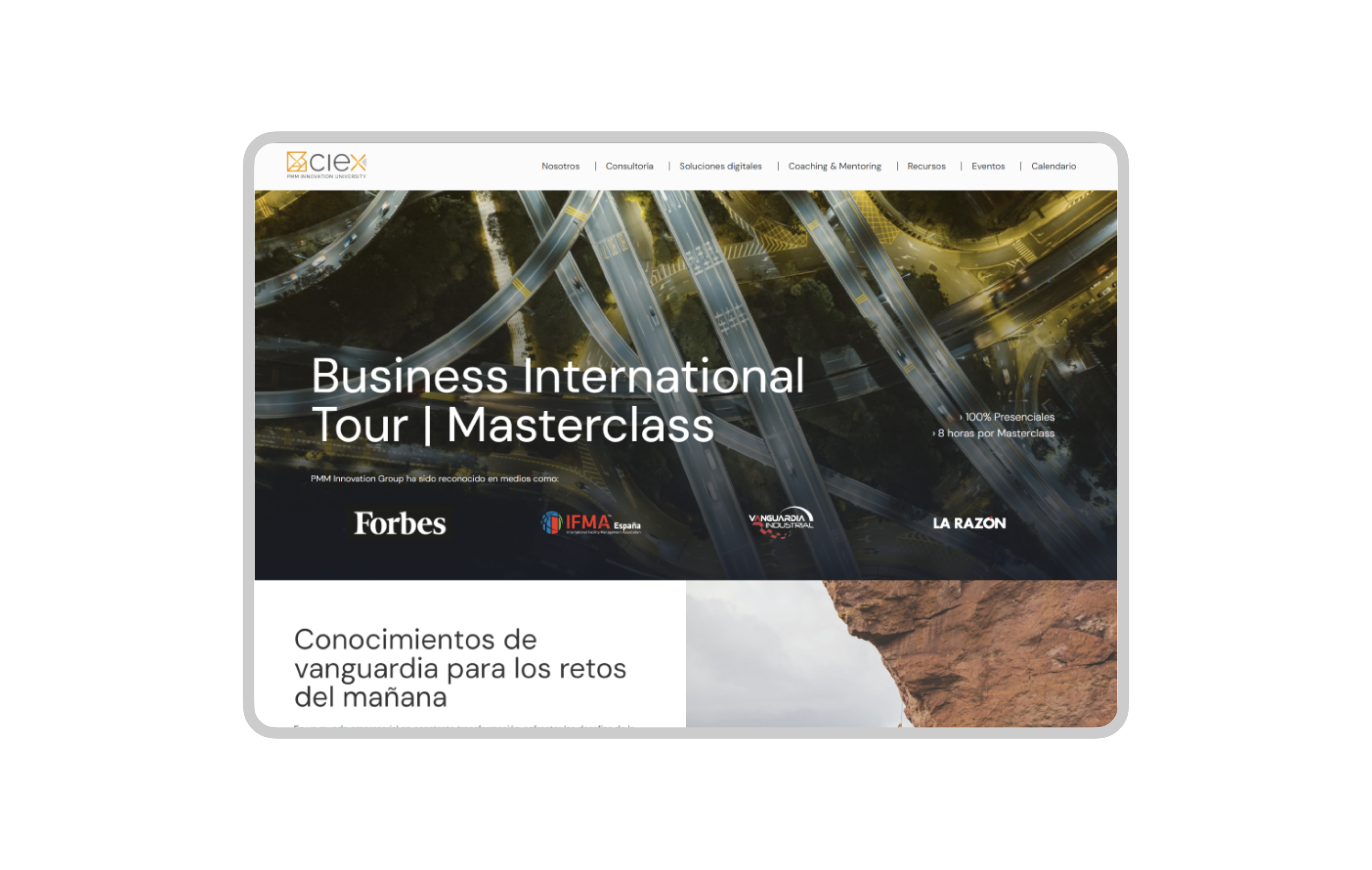 Landing del Business International Tour en la web de PMM CIEx, con los medios que lo han reconocido
